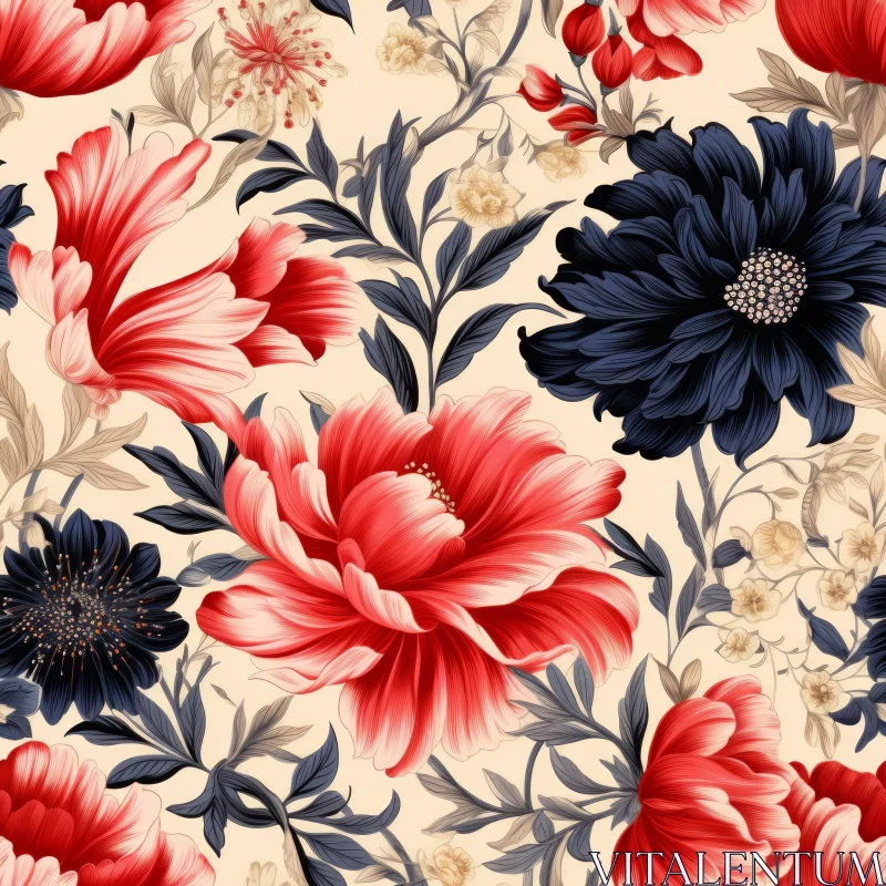 Vintage Floral Pattern | Detailed Flowers in Red, Blue, Cream AI Image