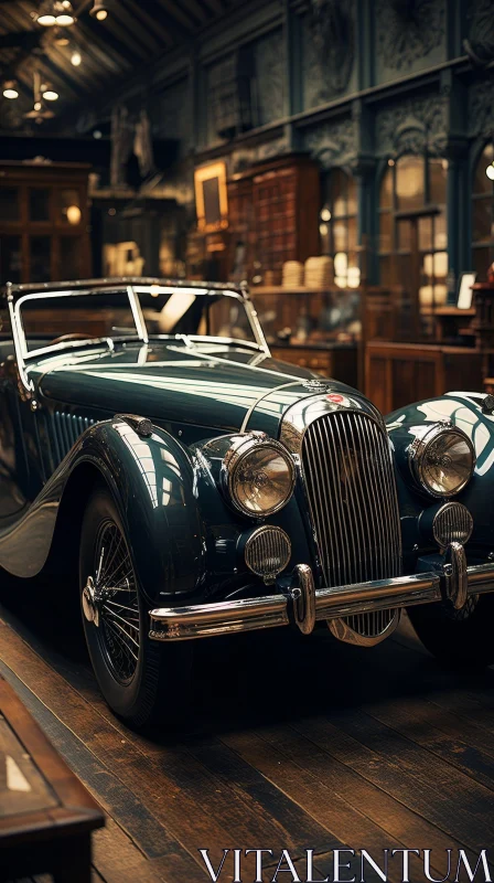 Vintage Green Car in Pristine Condition Parked in Antique-Filled Garage AI Image