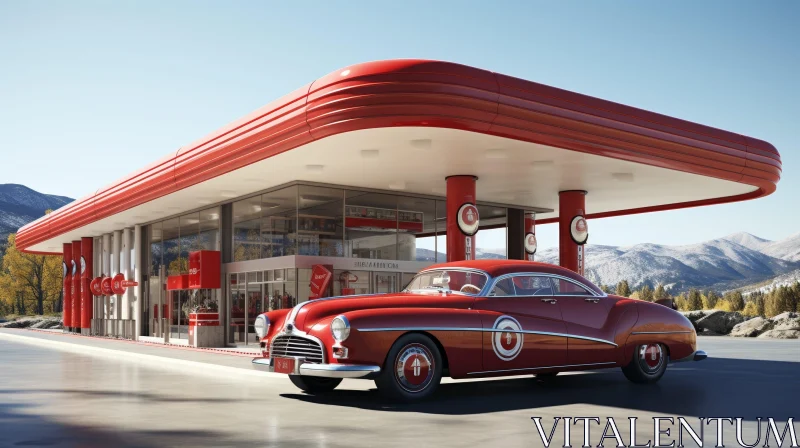 Vintage Red Car at Gas Station in Rural Setting AI Image