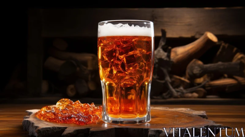 Amber Beer Glass on Wooden Table AI Image