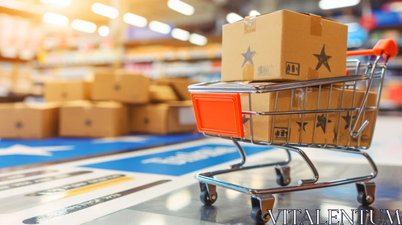 Brown Cardboard Box in Shopping Cart | Blurred Grocery Store Background AI Image
