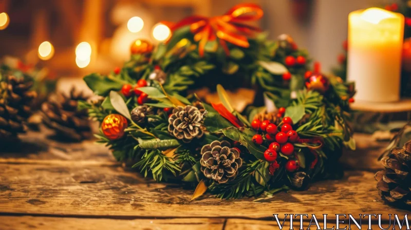 Christmas Wreath Made of Evergreens, Red Berries, and Pine Cones AI Image