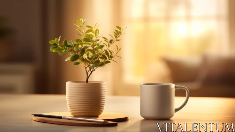 Cozy Still Life with Potted Plant and Coffee Cup AI Image