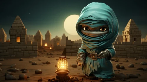 Cute Mummy Character in Desert Night