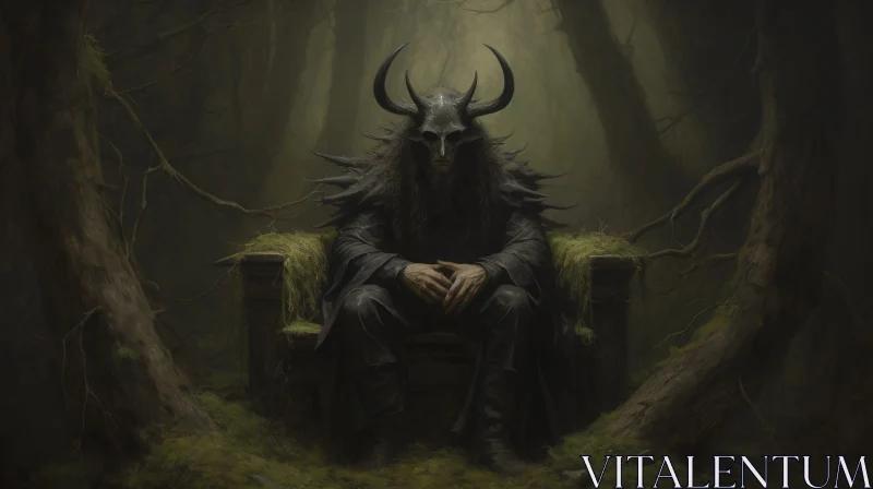 Dark Fantasy Illustration: Horned Figure on Stone Throne in Enchanted Forest AI Image