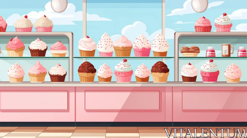 Delightful Bakery Shop Cupcake Display AI Image