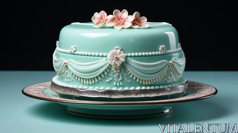 Elegant Blue Icing Cake with Flower Decorations AI Image
