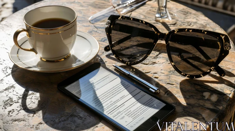 Elegant Still Life Composition with Coffee Cup, Smartphone, Sunglasses, and Pen AI Image