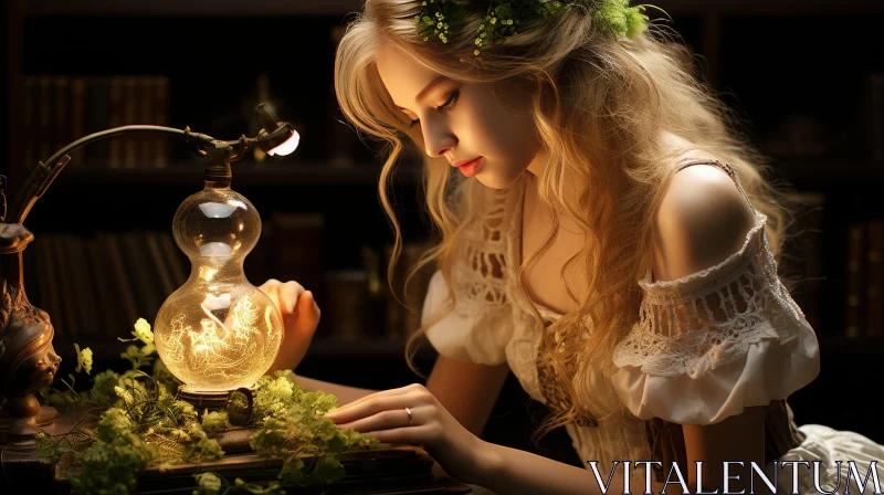 Enigmatic Woman with Lamp at Table AI Image