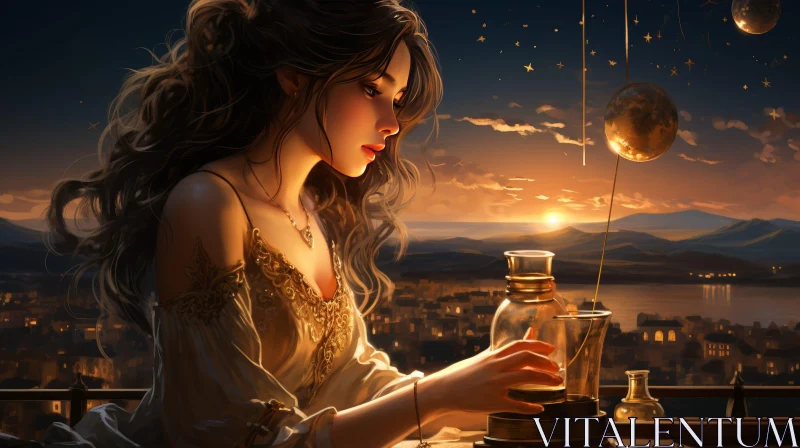Golden Dress Woman at Sunset Painting AI Image