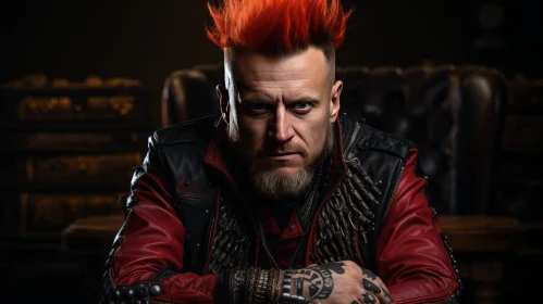 Intense Portrait of a Man with Red Mohawk and Tattoos