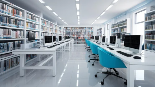 Modern Library Interior with iMac Computers and Bookshelves