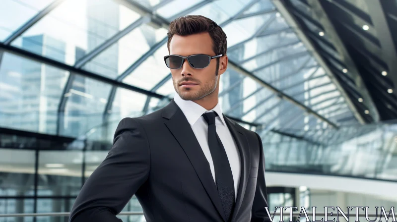 AI ART Serious Man in Black Suit Standing in Modern Building