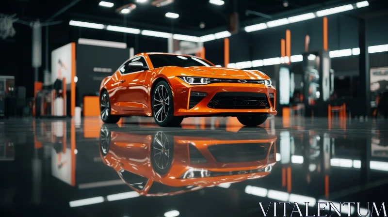 Stylish Orange Sports Car in Showroom AI Image