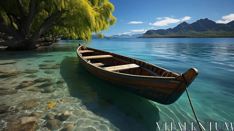 Tranquil Lake Scene with Wooden Boat and Mountains AI Image