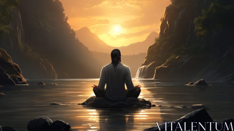 Tranquil Meditation by the Lake at Sunset AI Image