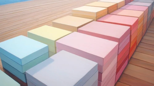 Tranquil Wooden Dock Painting with Colorful Boxes