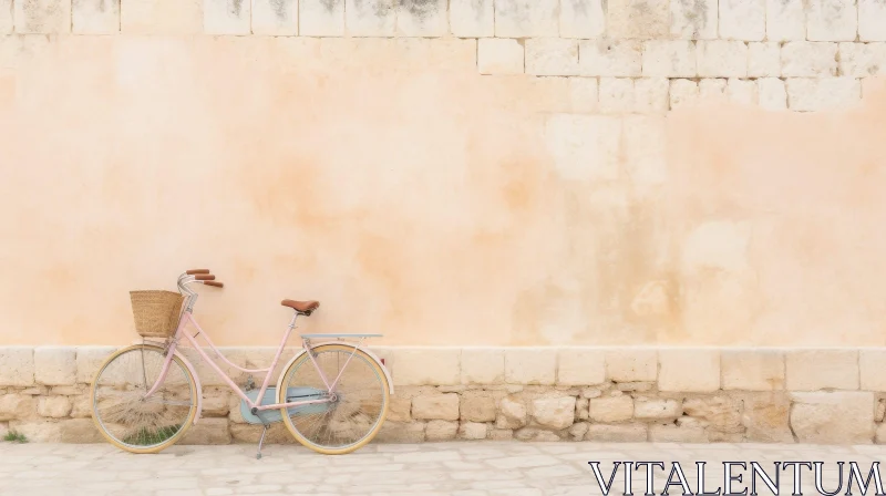 AI ART Vintage Pink Bicycle Leaning Against Stone Wall