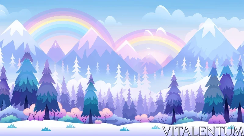 AI ART Winter Landscape with Snow-Capped Mountains and Rainbow