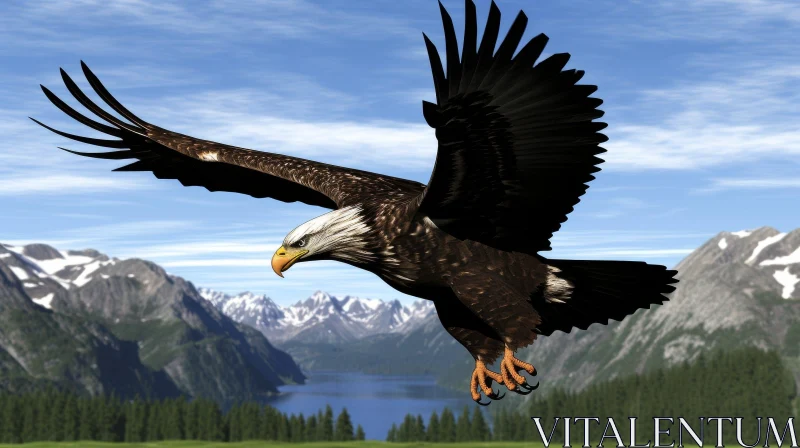Bald Eagle Flying Over Mountain Lake AI Image