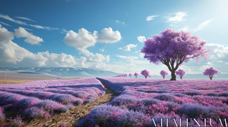 Breathtaking Lavender Landscape with Mountains and Tree AI Image