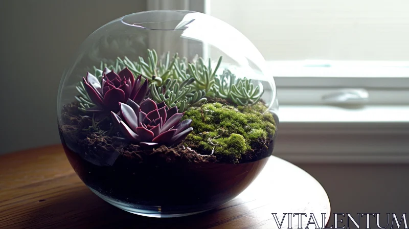 Close-up Glass Terrarium: Lush Succulents and Vibrant Moss AI Image