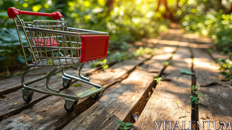 Close-Up of Red Metal Shopping Cart in Lush Green Forest AI Image