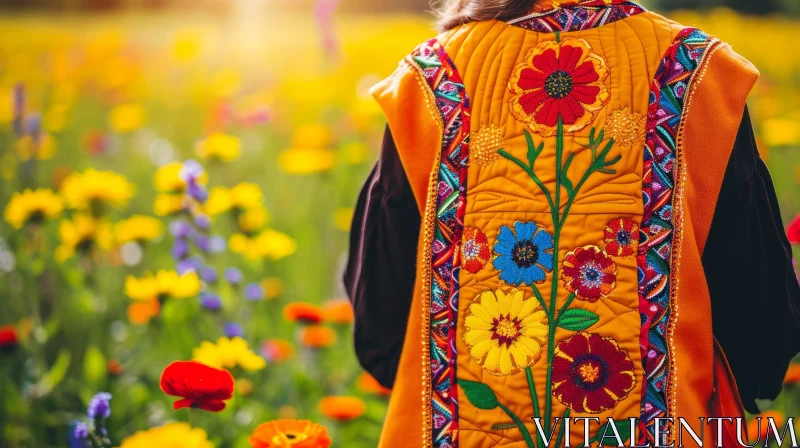 Colorful Hand-Embroidered Vest in a Field of Flowers AI Image