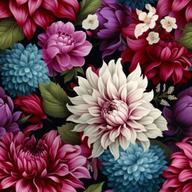 Dark Floral Seamless Pattern - Dahlias, Roses, Lilies