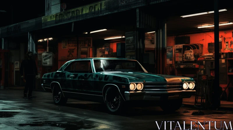 AI ART Dark Green 1960s Chevrolet Impala in Night Garage