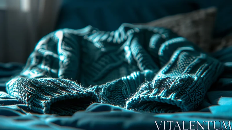 Deep Blue Knitted Sweater on Bed AI Image