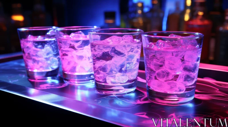 Glass Artistry: Pink Illumination on Bar Counter AI Image