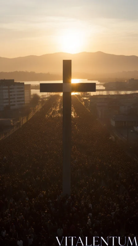 Golden Light Illuminating a Large Cross Surrounded by People AI Image