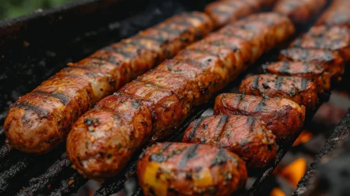 Grill with Sausages and Potatoes - Close-up Image