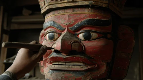 Intricate Wooden Mask Carving by Skilled Craftsman