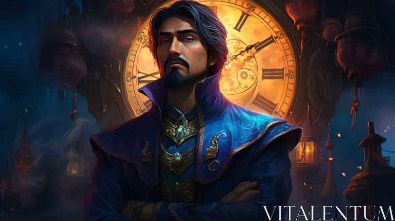 Male Character Portrait with Blue and Gold Robe AI Image