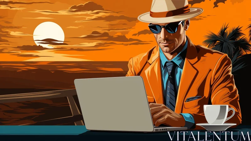 AI ART Man in Suit on Beach with Laptop and Coffee