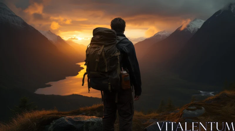 Man on Mountaintop Watching Stunning Sunset AI Image