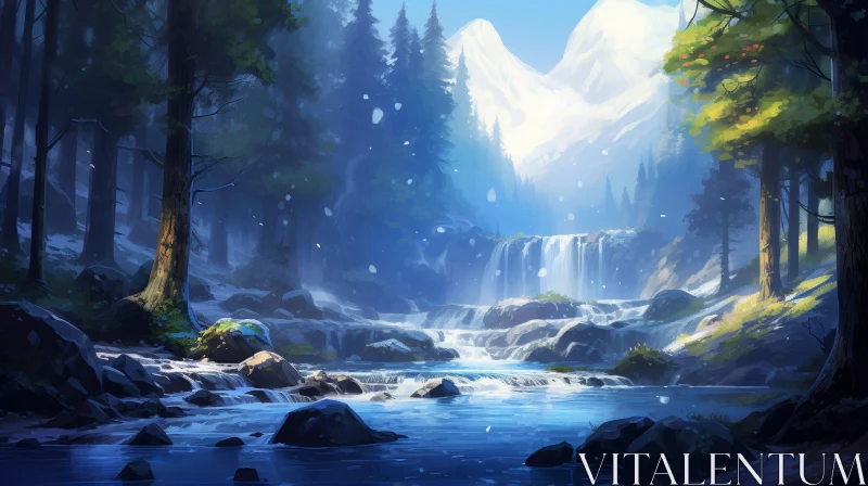 AI ART Mountain Waterfall in Forest - Serene Nature Landscape