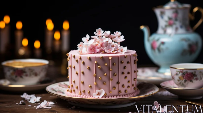 Pink Cake with Flowers and Teapot on Table AI Image