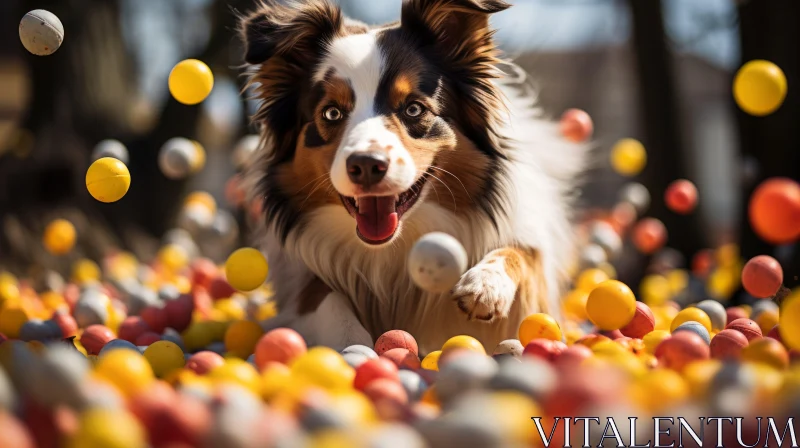 Playful Dog Among Colorful Balls - A Candid Canine Portrait AI Image