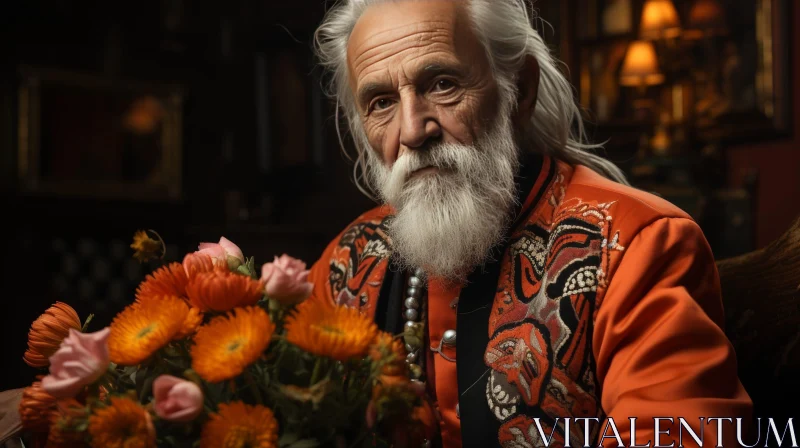 Serene Portrait of an Old Man with Flowers AI Image