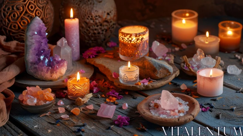 Serene Still Life: Candles and Crystals for Meditation and Yoga AI Image