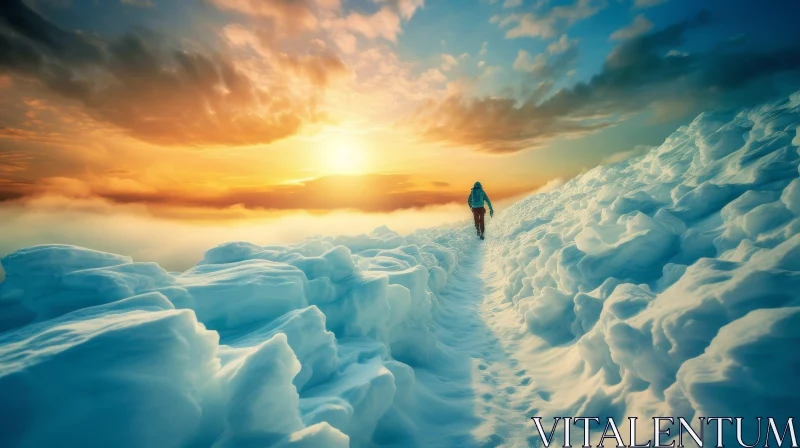 Snow-Covered Mountain Hiking at Sunset AI Image
