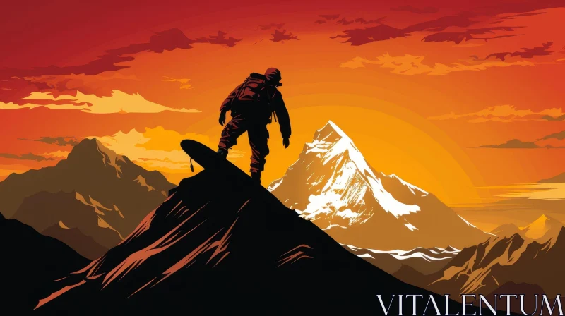 Snowboarder on Mountain Peak Illustration AI Image
