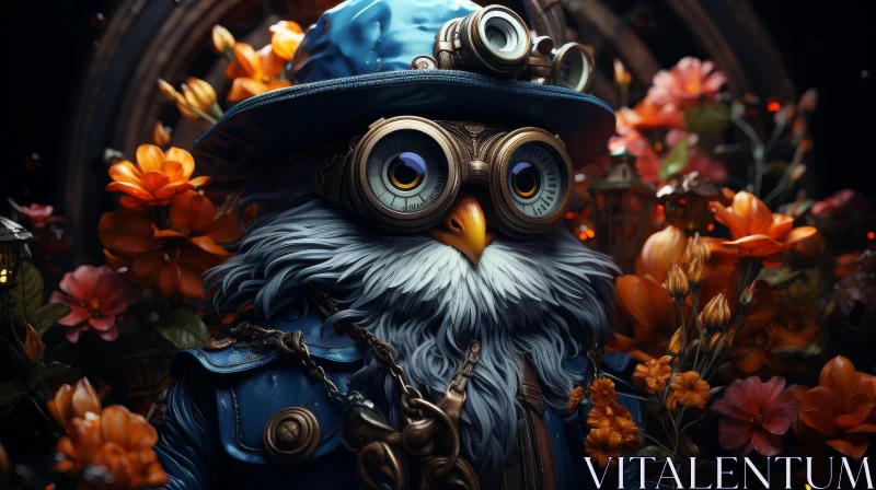 AI ART Steampunk Owl in Flower Field Painting