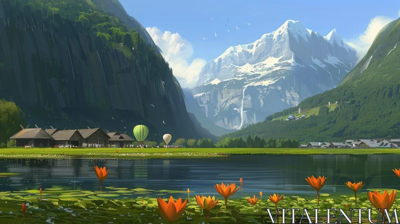 Tranquil Mountain Valley Landscape with Lake and Hot Air Balloons AI Image