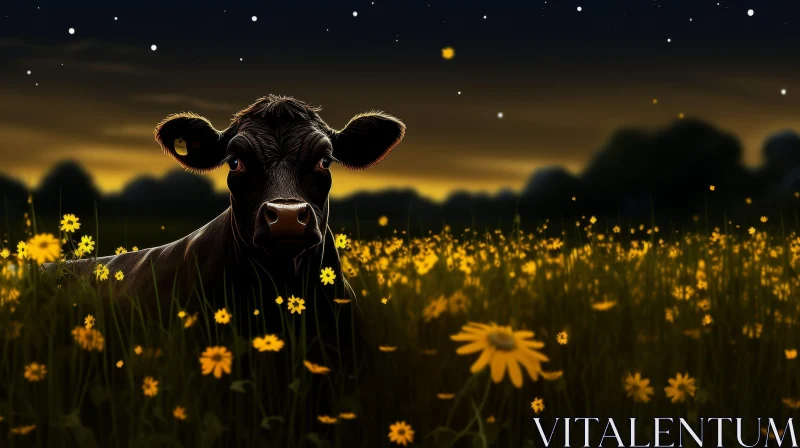 AI ART Tranquil Nature Scene with Cow in Field of Yellow Flowers