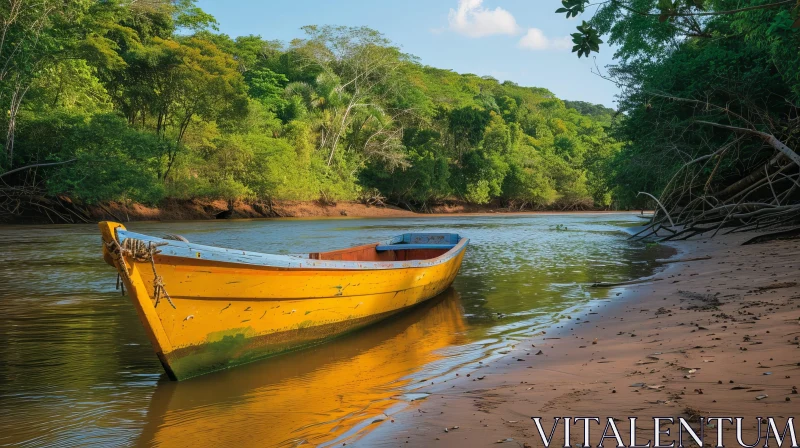 AI ART Tranquil Nature Scene: Yellow Wooden Boat on River