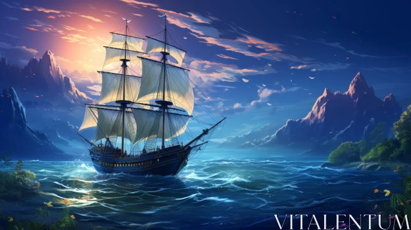 Tranquil Sea Painting with Ship and Mountain Range AI Image